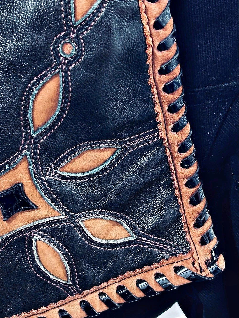 Vintage CACHE Leather & Cotton Embroidered Leather Cotton Jacket Y2K 90’s Native - Picture 10 of 12